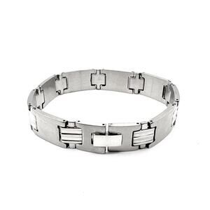Mens Stainless Steel Link Bracelet Brushed Polished Fold Over Clasp 8.5" Classic